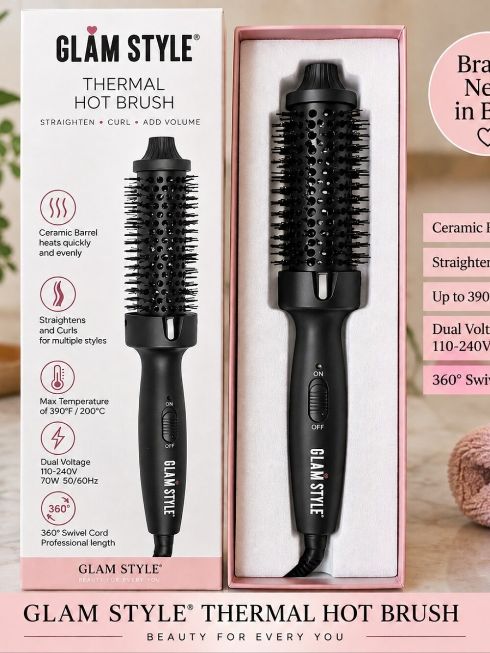 New Glam Style Thermal Hot Brush Ceramic Hair Styler Curl Volume NIB